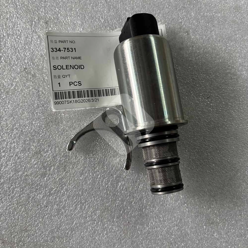334-7531 Solenoid Valve Assembly (12V) for Cat C3.6 and C4.4 Engines 334-7531 Solenoid valve part with label on a textured surface.