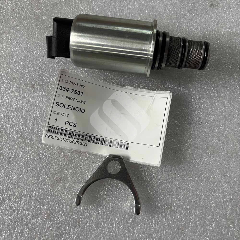 334-7531 Solenoid Valve Assembly (12V) for Cat C3.6 and C4.4 Engines Metal solenoid valve part 334-7531 with label and mounting bracket.