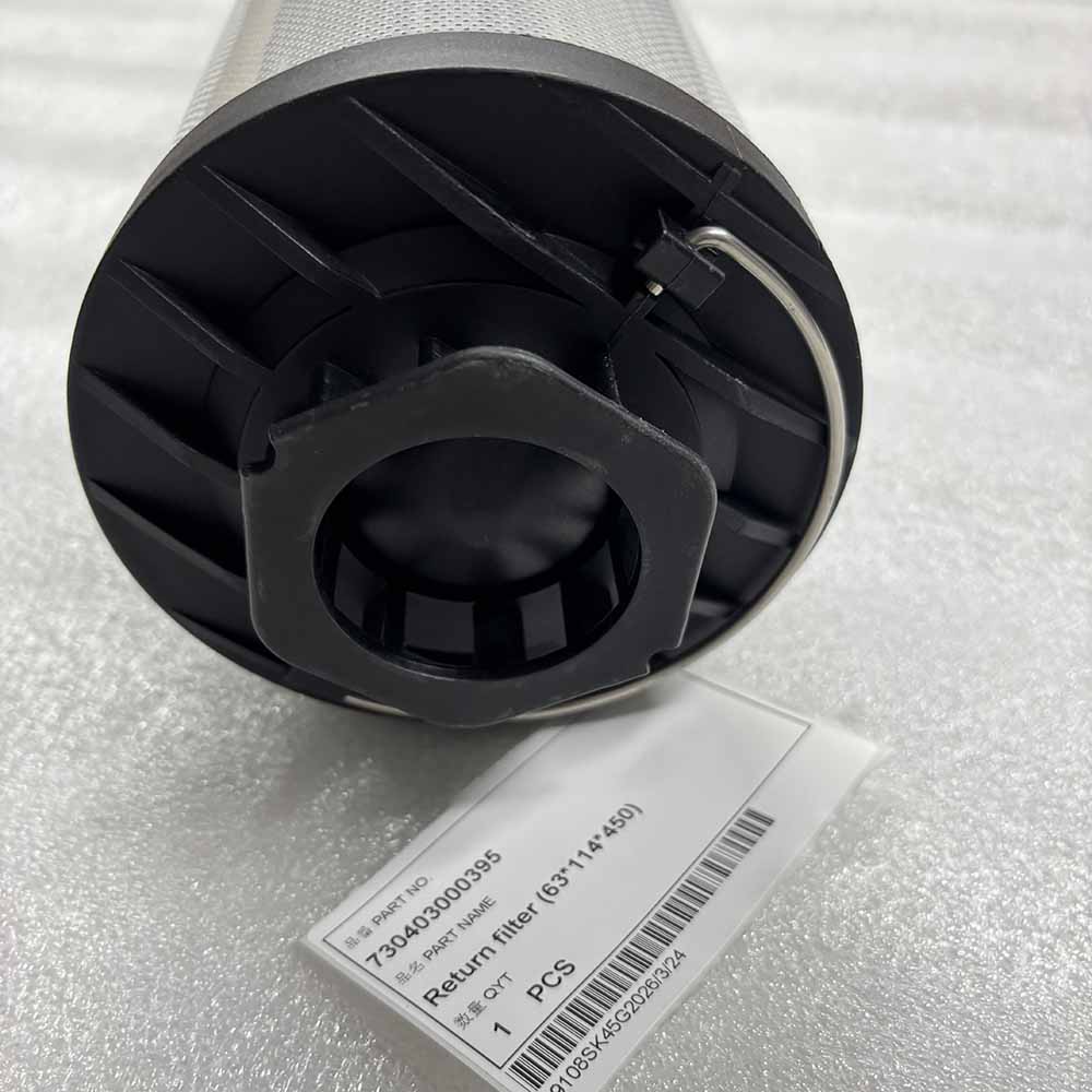 Industrial return filter with black plastic base and part number tag 730403000395
