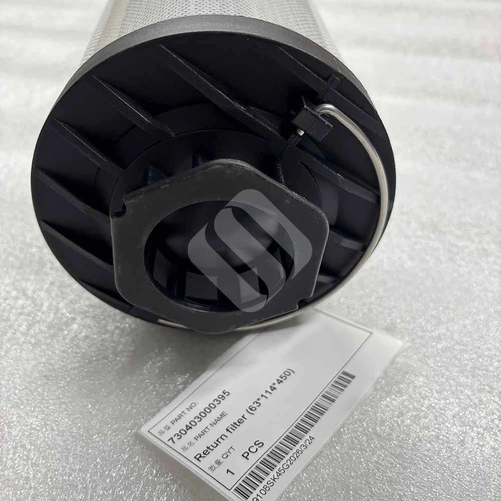 730403000395 Hydraulic Return Filter for Sunward Excavators (63x114x450mm) Industrial return filter with black plastic base and part number tag 730403000395