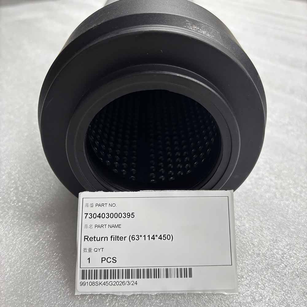 Industrial return filter with part number 730403000395 and specifications label.