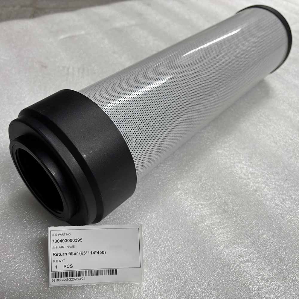 730403000395 Cylindrical hydraulic return filter with black end caps and mesh body