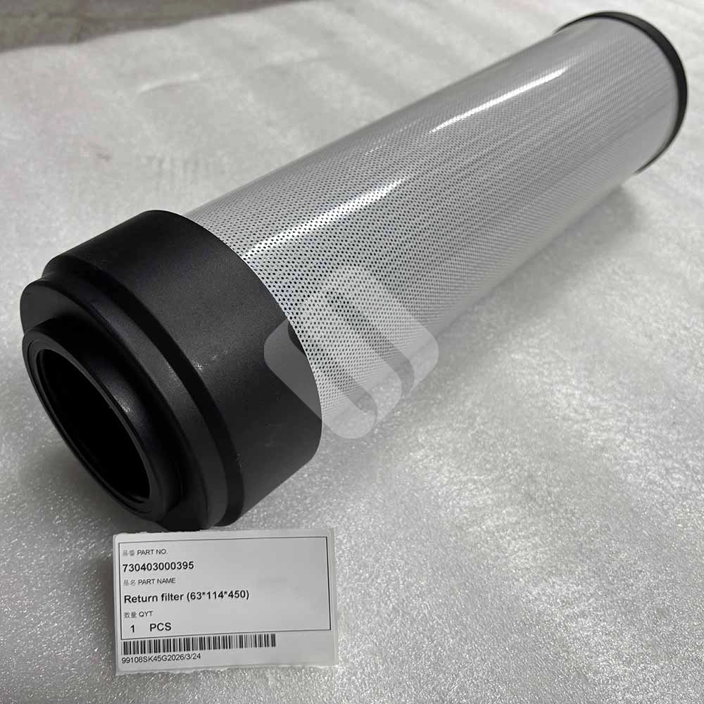 730403000395 Hydraulic Return Filter for Sunward Excavators (63x114x450mm) 730403000395 Cylindrical hydraulic return filter with black end caps and mesh body