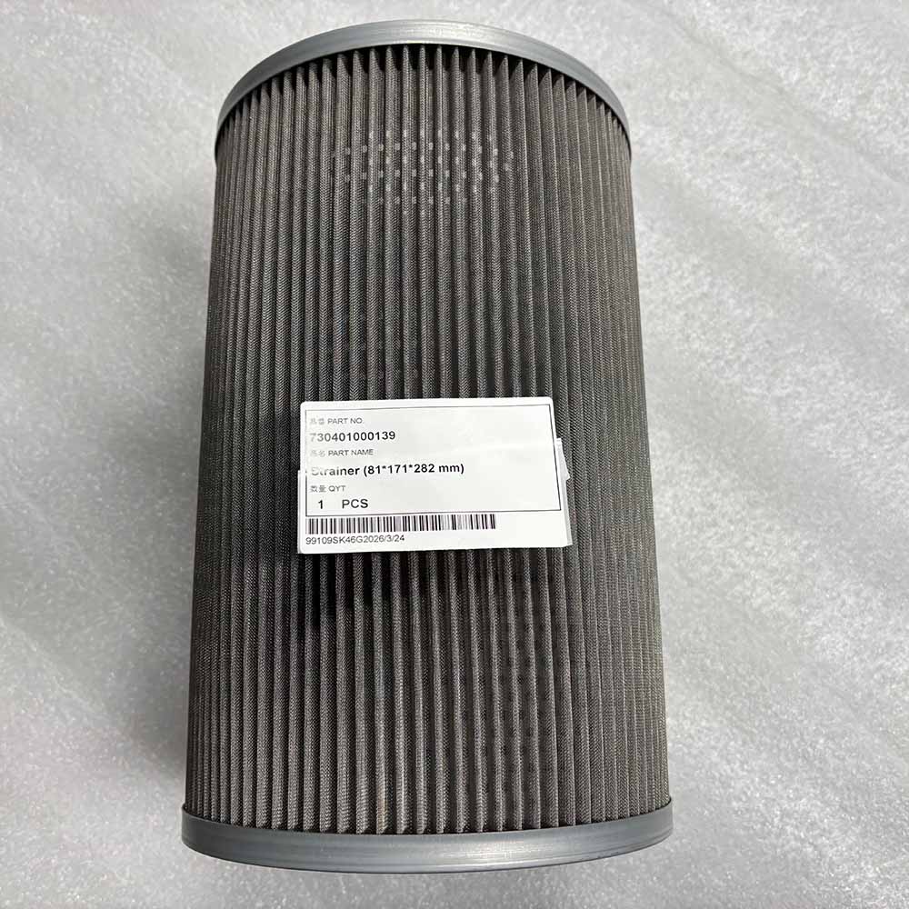 Cylindrical industrial metal mesh strainer with product label - 730401000139 Hydraulic Suction Strainer