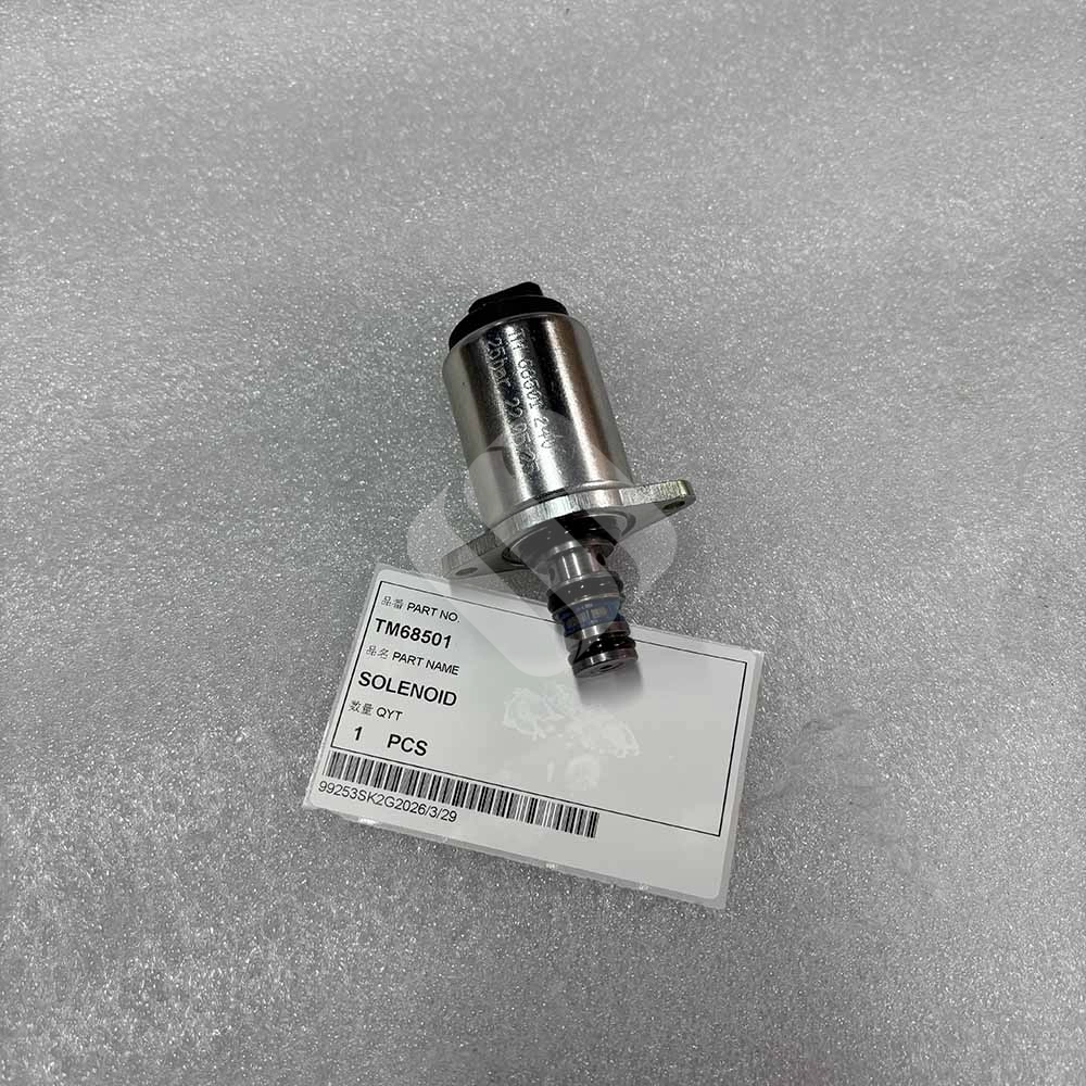 TM68501 Solenoid Valve 24VDC 25Bar for Heavy Machinery TM68501 Solenoid valve part with identification label on a white surface.