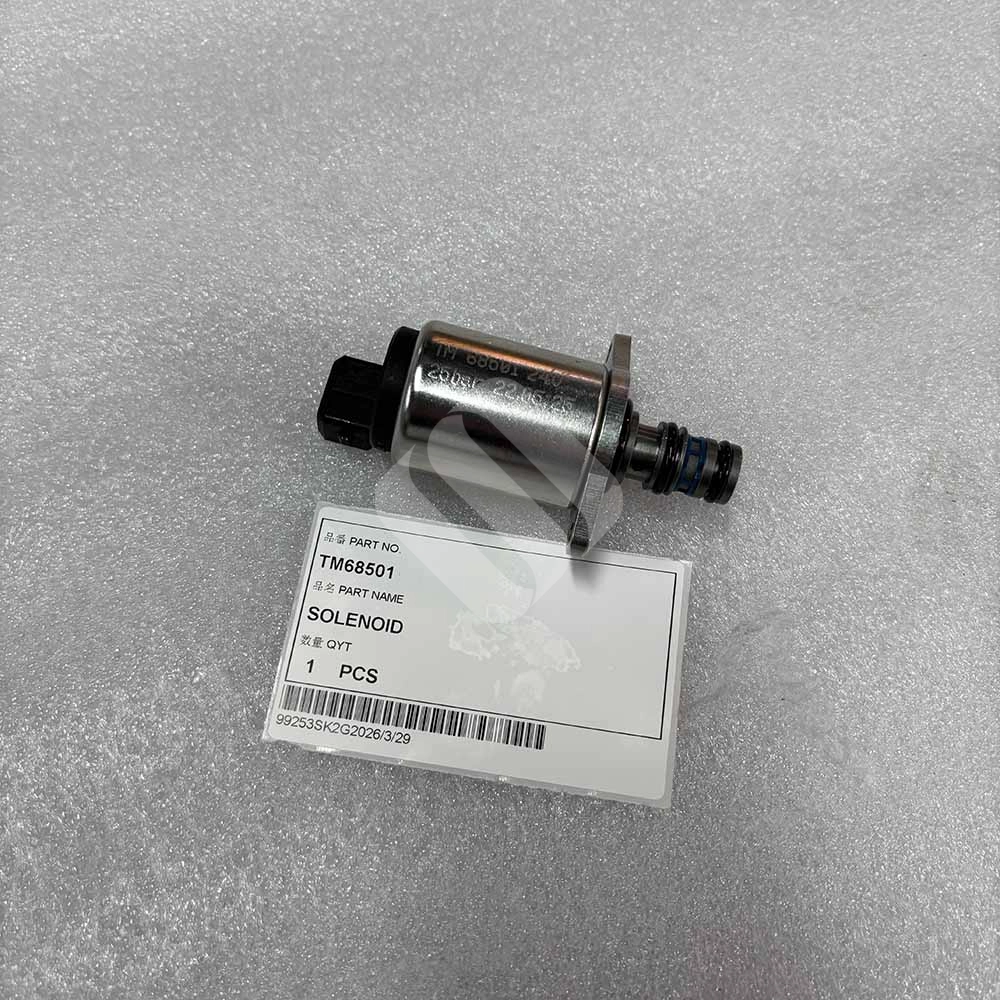 TM68501 Solenoid Valve 24VDC 25Bar for Heavy Machinery TM68501 Solenoid valve part with identification label on white foam surface.