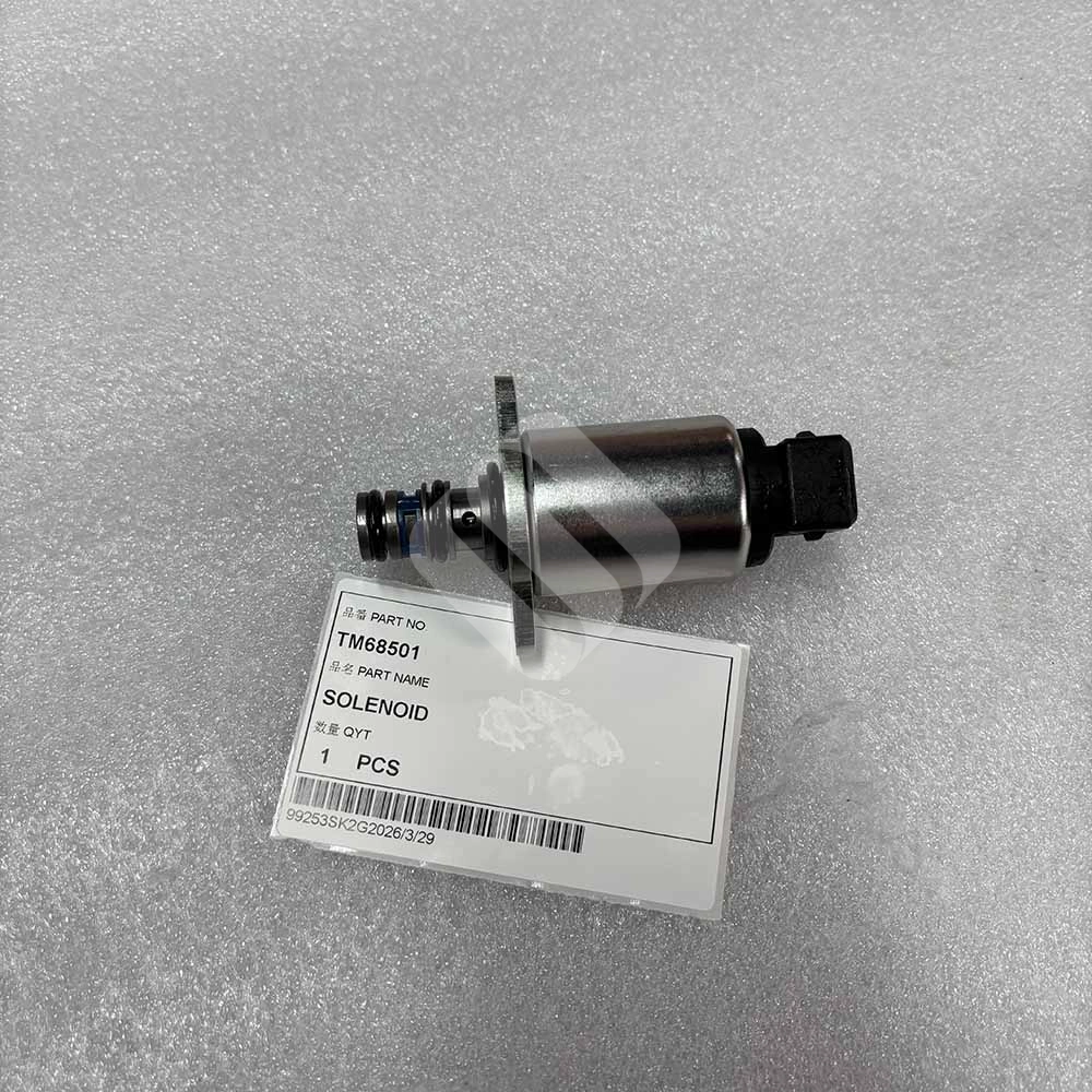 TM68501 Solenoid Valve 24VDC 25Bar for Heavy Machinery Metal solenoid valve part TM68501 with product label on white foam background.