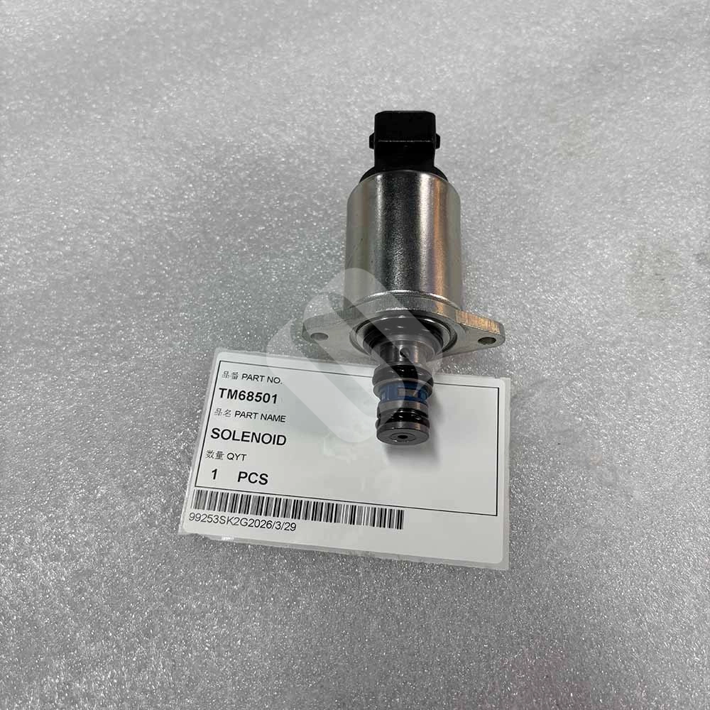 TM68501 Solenoid Valve 24VDC 25Bar for Heavy Machinery Metal solenoid valve part TM68501 with product label on foam background.