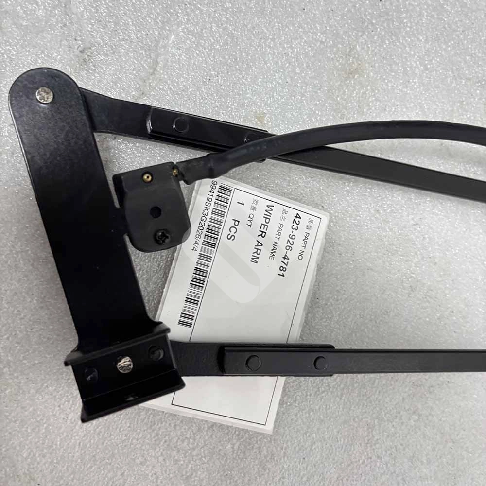 423-926-4781 Front Wiper Arm Assembly for Komatsu WA380-6, WA430-6, WA470-6, WA480-6 Black metal wiper arm assembly with part number 423-926-4781 label.