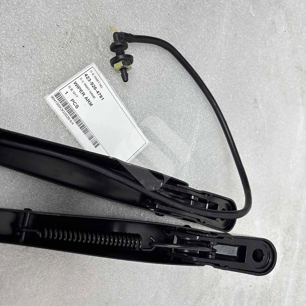 423-926-4781 Front Wiper Arm Assembly for Komatsu WA380-6, WA430-6, WA470-6, WA480-6 Black metal 423-926-4781 wiper arm with nozzle and part label.