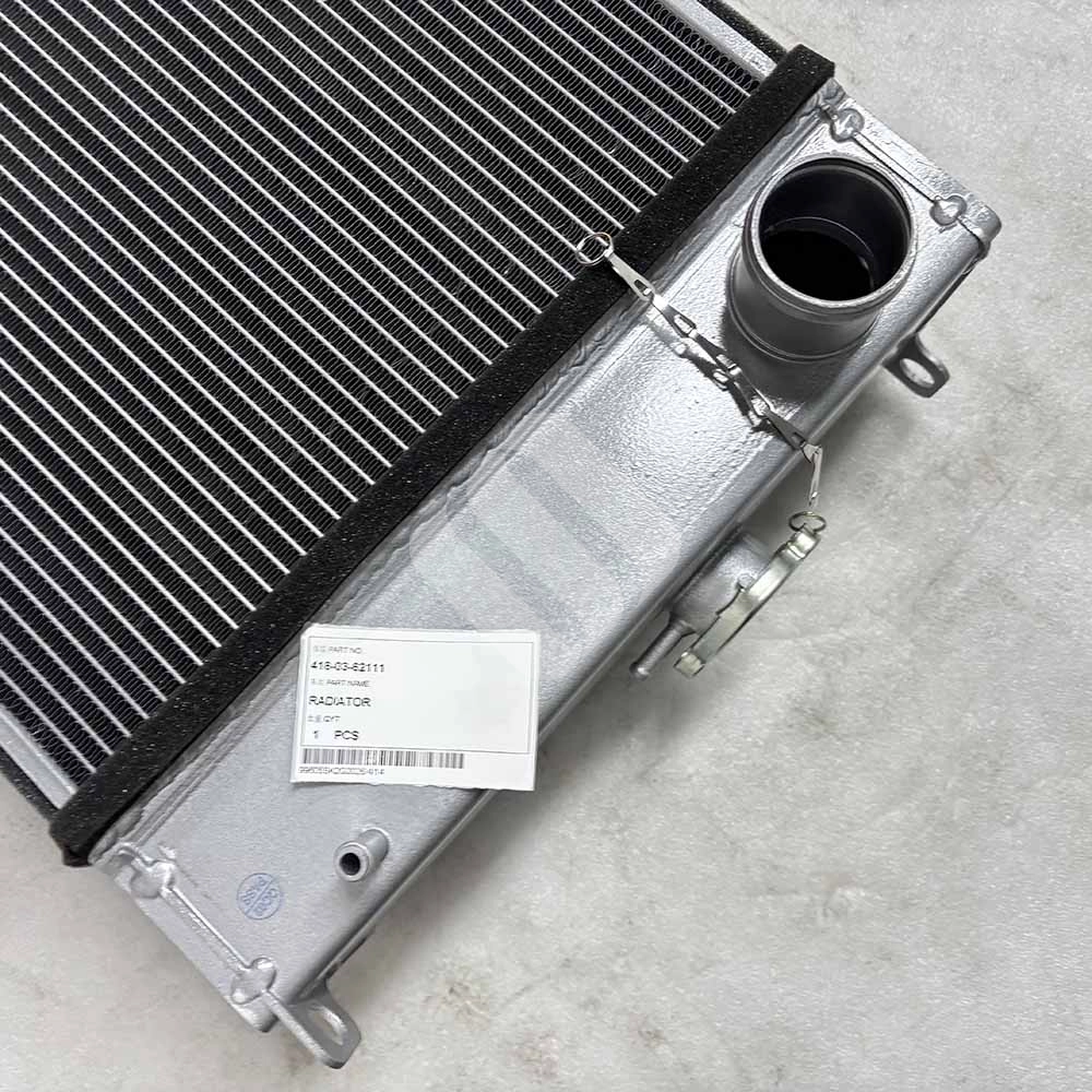 418-03-62111 Radiator Komatsu WA270-8 WA270-8E0 Wheel Loader Silver aluminum vehicle radiator with part number 418-03-62111 label.