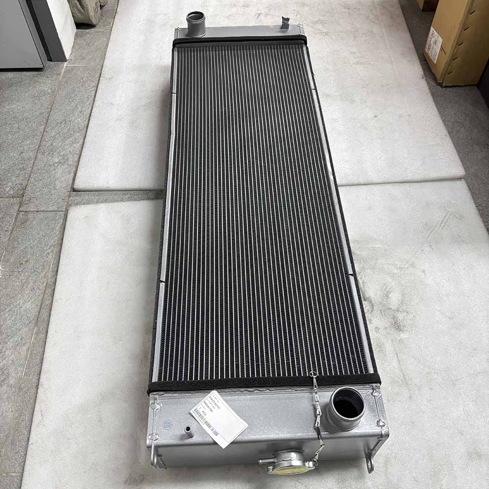 Large aluminum industrial radiator core for heavy machinery cooling.