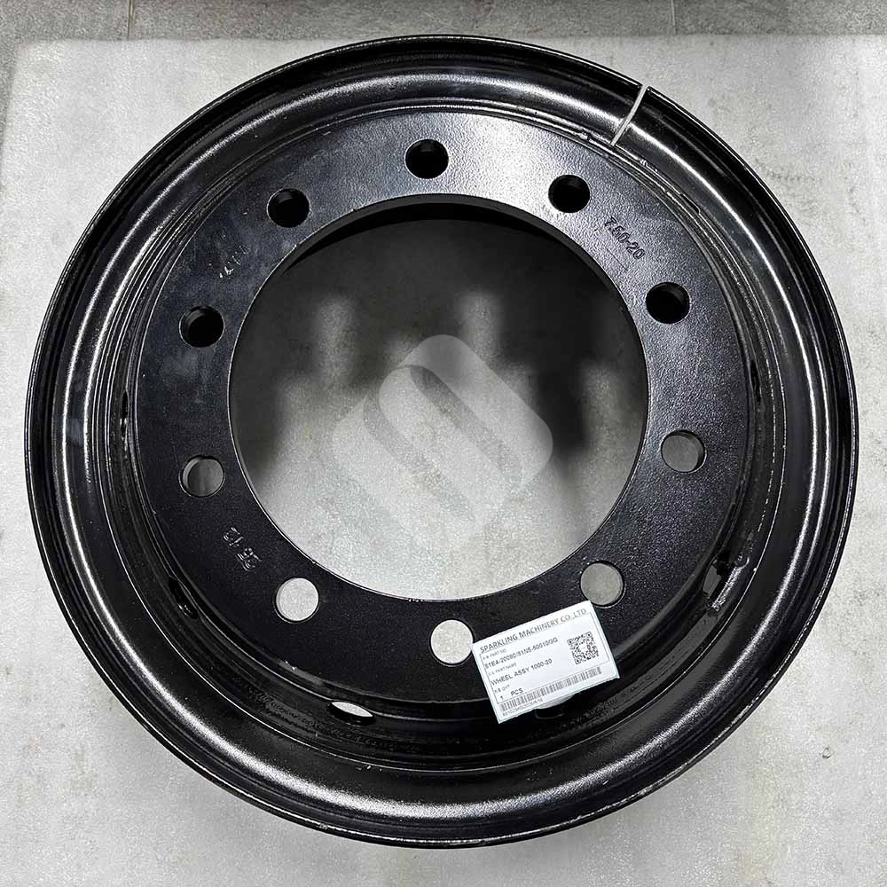 81E4-20080 Wheel Assembly (10.00-20) for Hyundai R170W-7, R140W-9 Black heavy-duty 10-hole steel truck wheel rim for commercial vehicles.