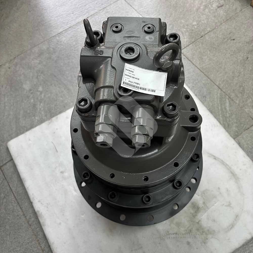 9236592 Complete Swing Device for Hitachi ZX330-3, ZX350-3, ZX360LC-3 Hitachi-9236592-swing-device-showing-hydraulic-ports-and-pinion