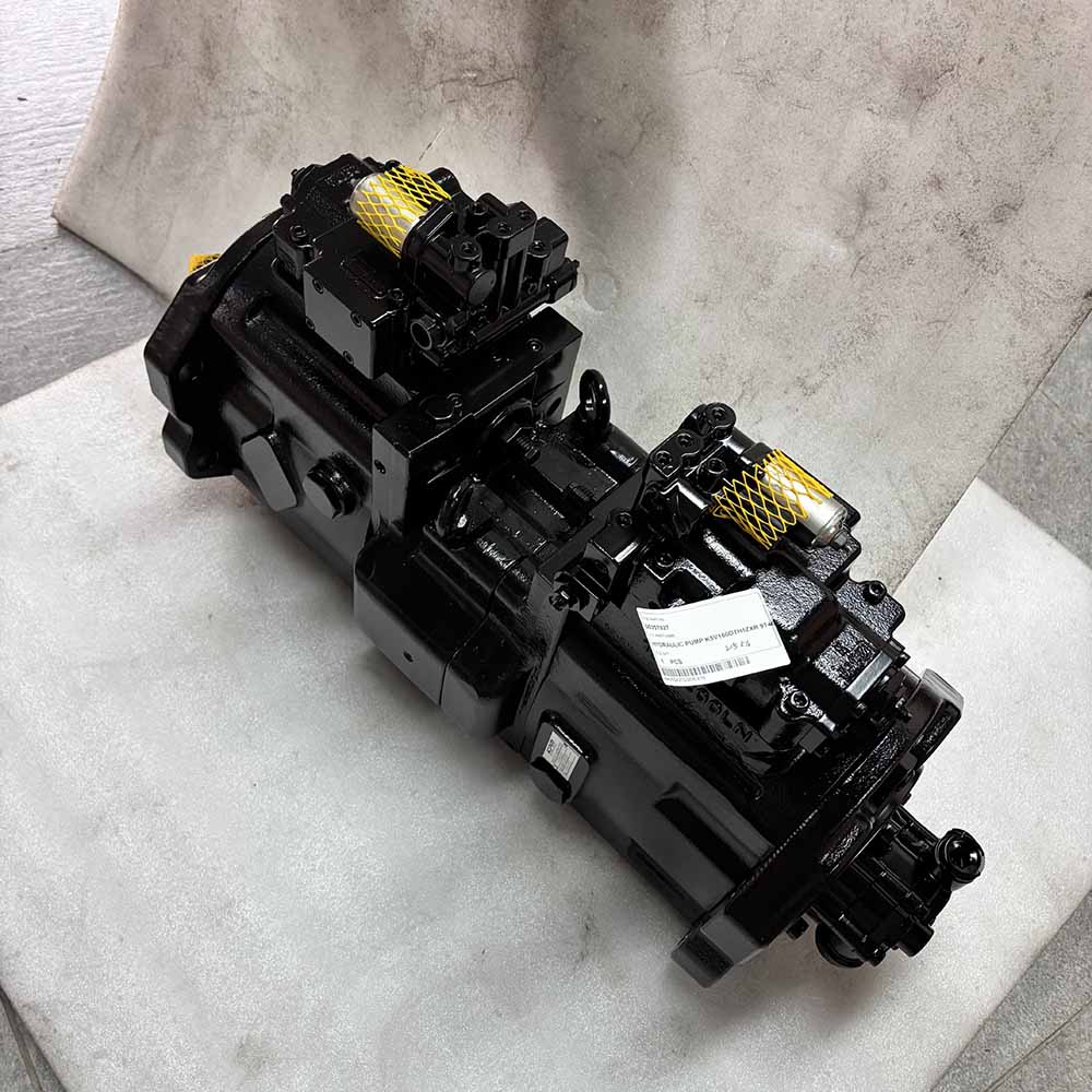 A black industrial hydraulic piston pump for heavy machinery.
