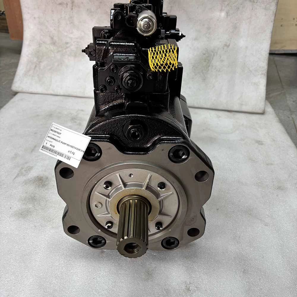 Black industrial hydraulic pump with a splined shaft and identification tag.