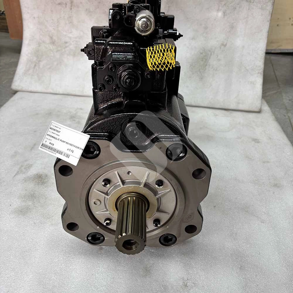 60357527 K5V160DTH1ZXR-9T46-BV Main Hydraulic Pump for Sany SY305, SY335, SY365C, SY375 Black industrial hydraulic pump with a splined shaft and identification tag.