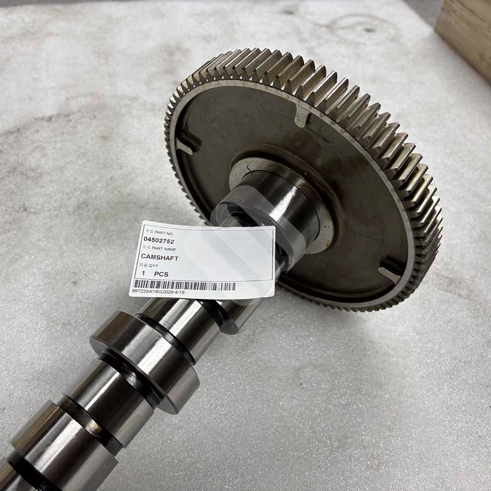 04502752 Engine Camshaft for Deutz TCD 2012 L04 2V Metal engine 04502752 camshaft with a large gear and a product identification tag.