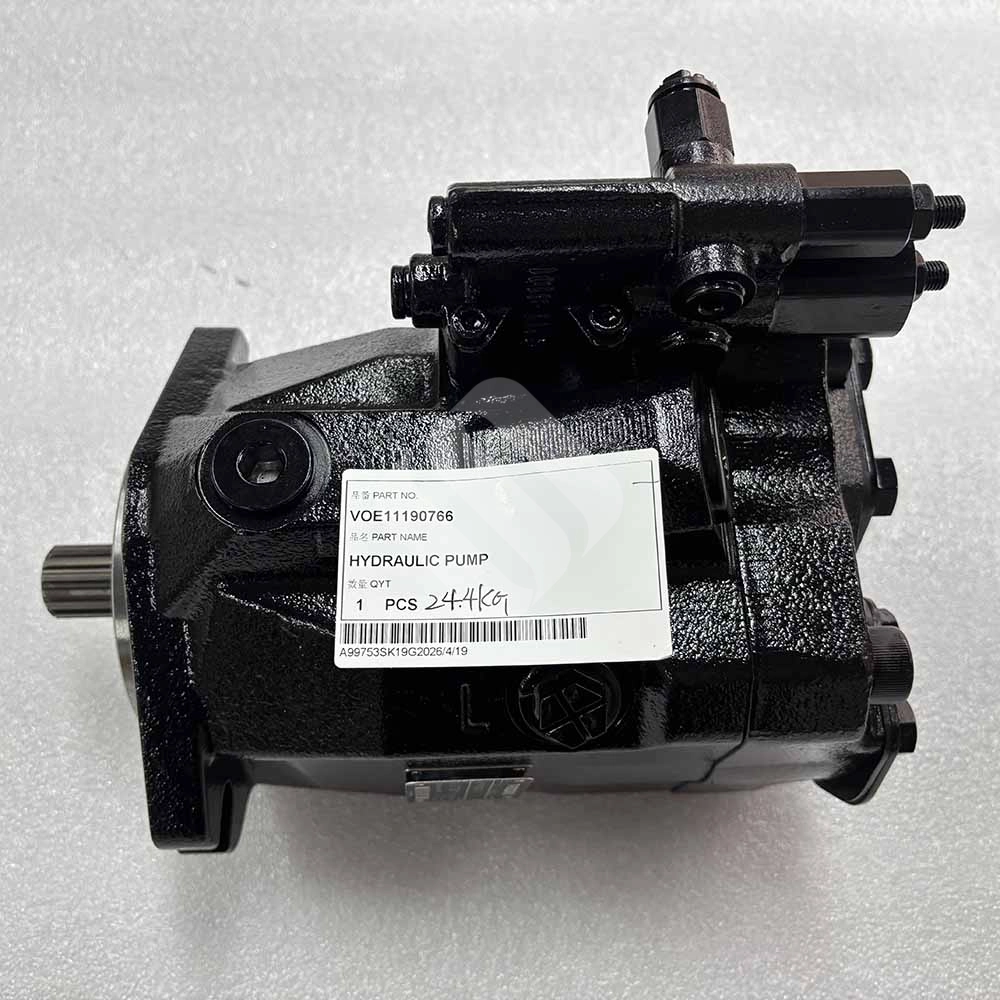 VOE11190766 Hydraulic Pump for Volvo A25D, A35D, A35E, A35F Black hydraulic pump VOE11190766 for industrial machinery.