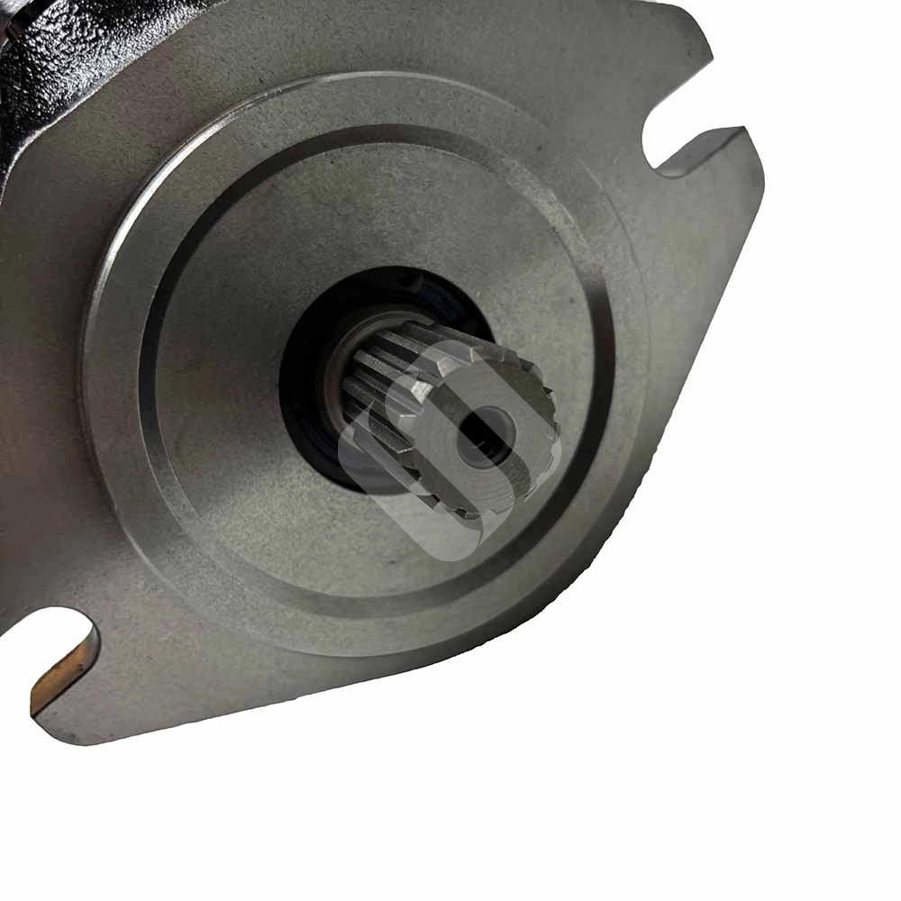 Genuine 11117047 Hydraulic Pump for Volvo DA25D & DA30D Close-up of a metal hydraulic pump mounting flange and splined drive shaft