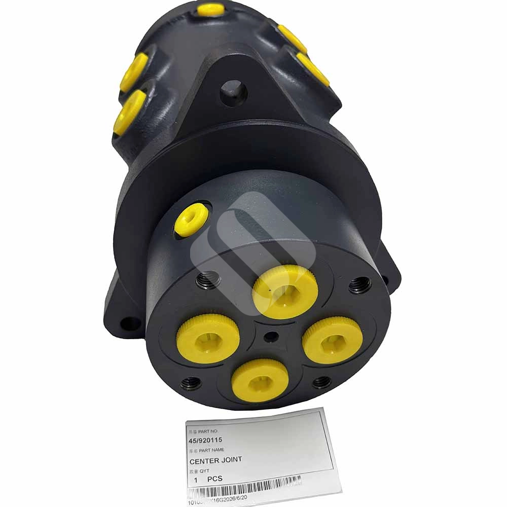 Genuine 45 920115 Center Joint Swivel Assembly for JCB JS115, JS130 & JS131 Black hydraulic center joint swivel with yellow port plugs and part label