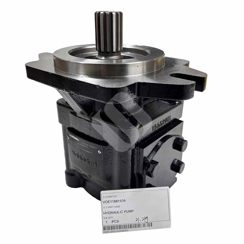 Genuine VOE11881939 Hydraulic Main Pump for Volvo BL60 & BL60B Black metal hydraulic pump with a splined shaft and mounting flange.