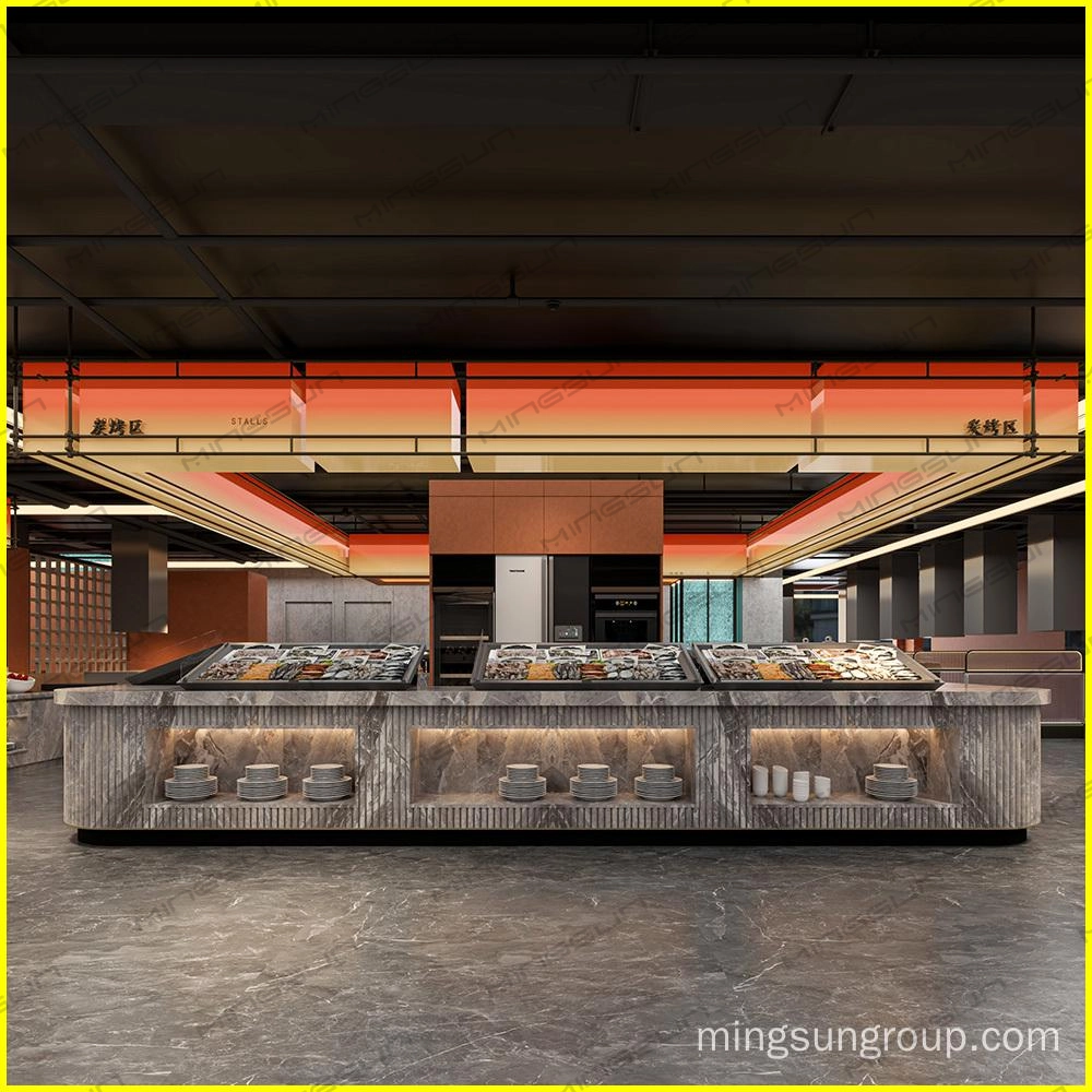 Interior view of a buffet-style restaurant with food displays and a modern design. - MINGSUN