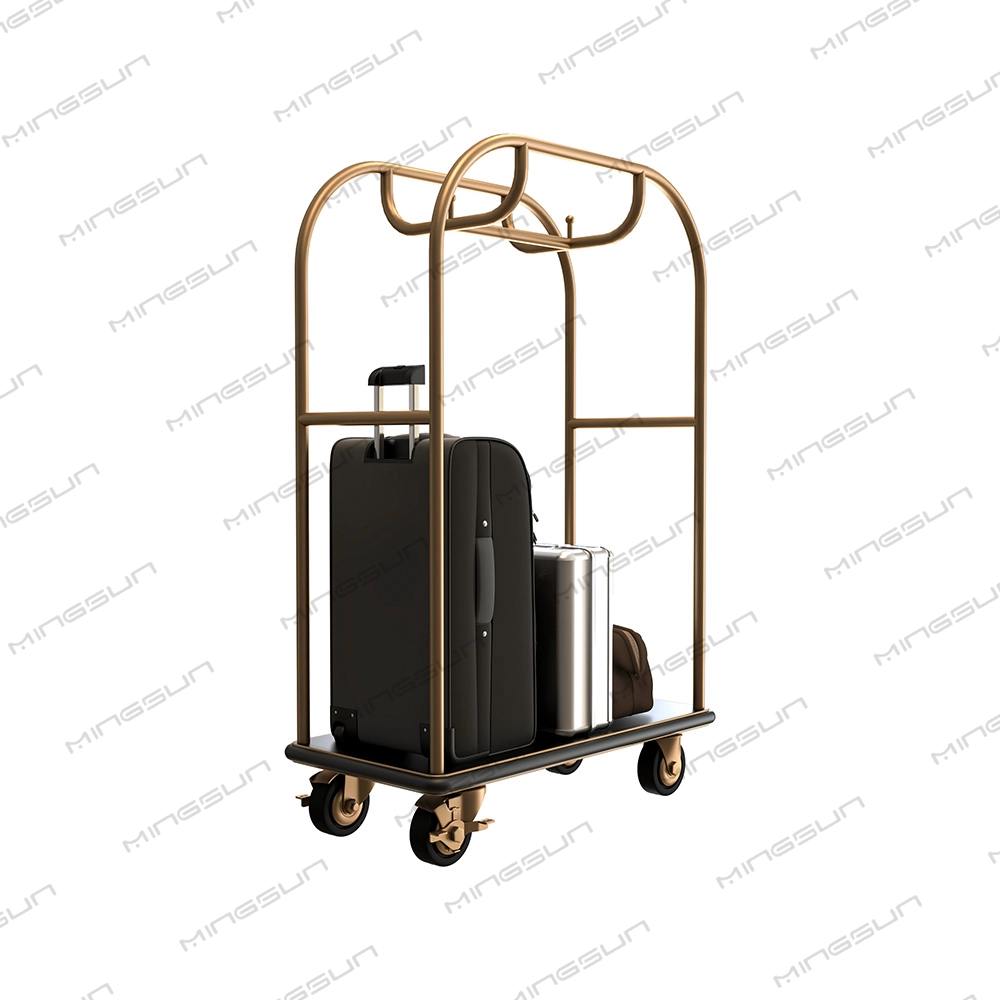 Gold hotel luggage cart loaded with suitcases and bags. - MINGSUN Gold hotel luggage cart loaded with suitcases and bags. - MINGSUN