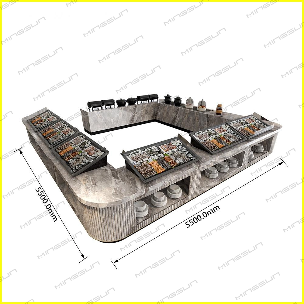U-shaped buffet station with hot and cold food displays, marble countertop, and dish storage. - MINGSUN