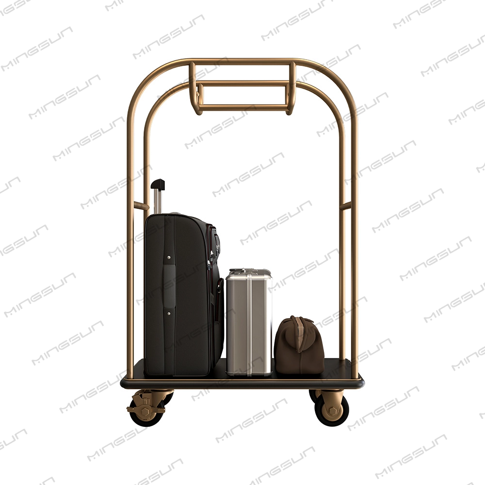 Gold hotel luggage cart with a black suitcase, silver briefcase, and small brown duffel bag. - MINGSUN Gold hotel luggage cart with a black suitcase, silver briefcase, and small brown duffel bag. - MINGSUN