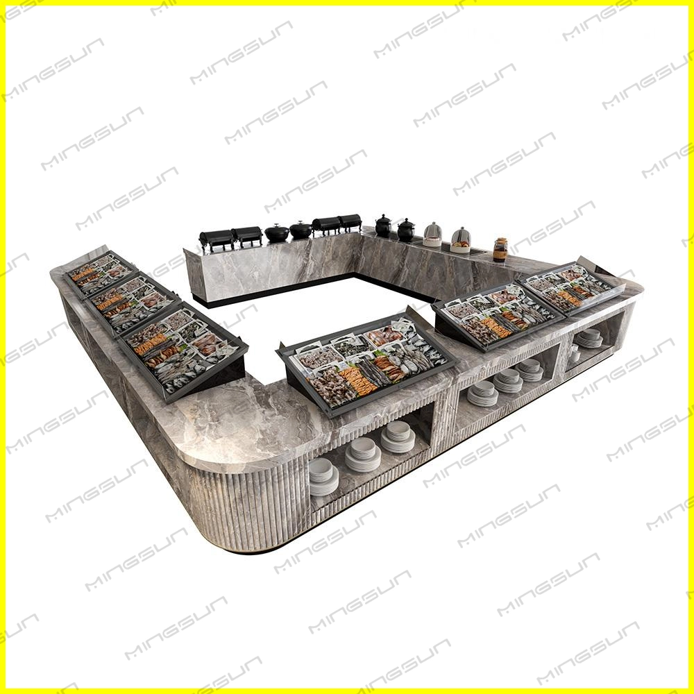 U-shaped buffet line with marble countertops, seafood displays, and chafing dishes. - MINGSUN