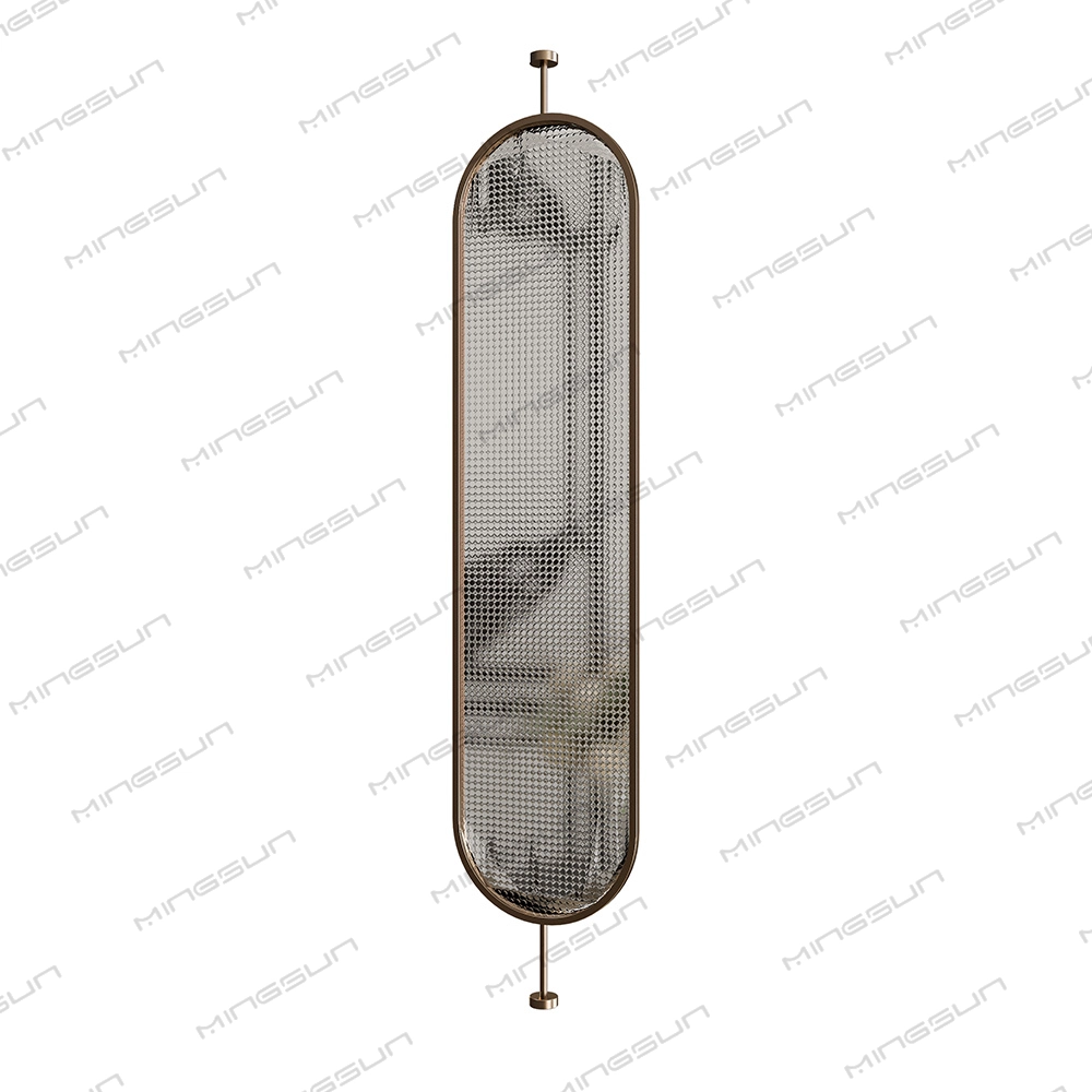 Tall, oblong decorative screen with textured glass and bronze-colored frame. - MINGSUN