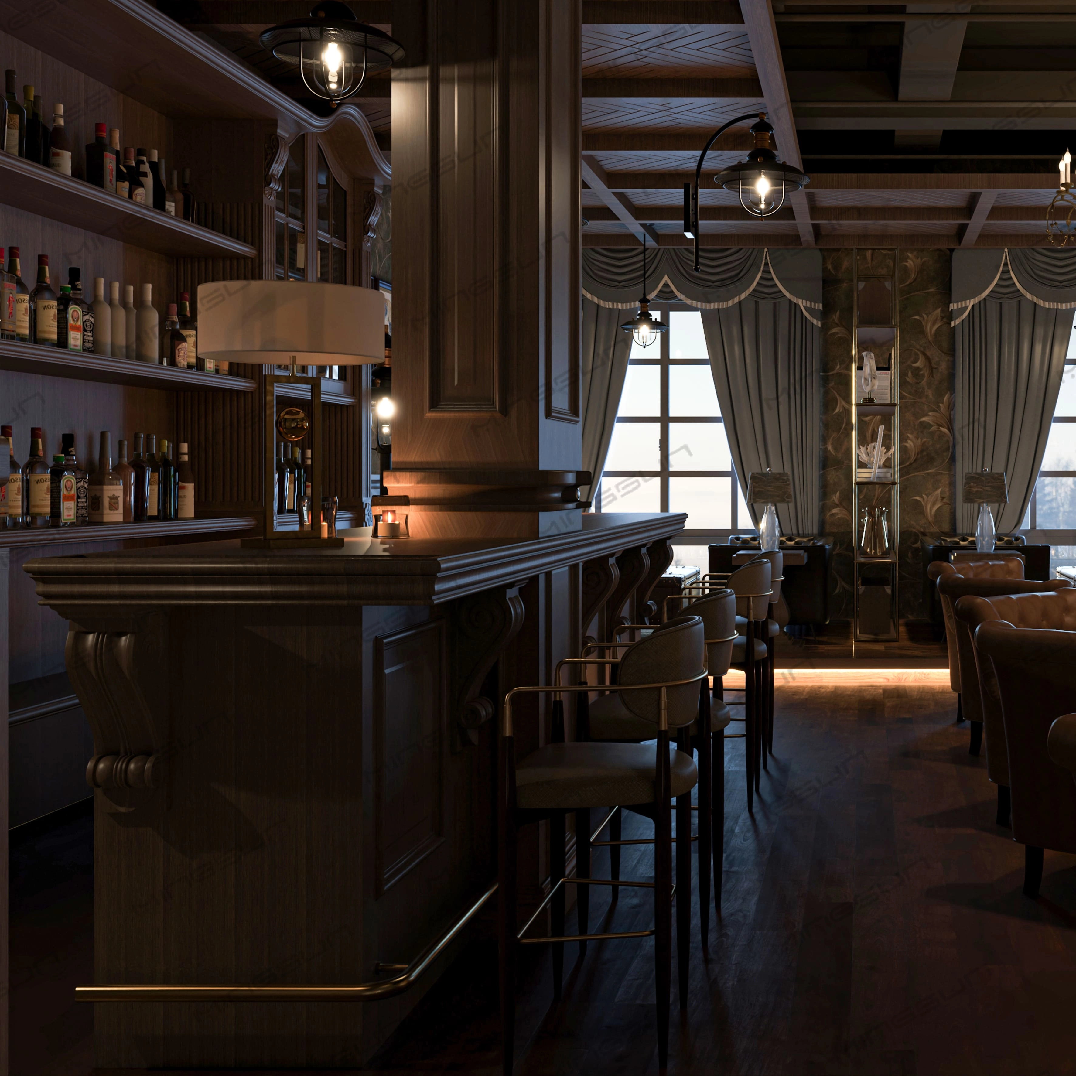 Luxury-Hotel-Bar-Furniture-Set-–-Custom-Vintage-Style-Bar-Counter,-Display-Cabinet-&-Lounge-Seating-for-Boutique-Hotels - MINGSUN Luxury Hotel Bar Furniture Set – Custom Vintage-Style Bar Counter, Display Cabinet & Lounge Seating for Boutique Hotels - MINGSUN