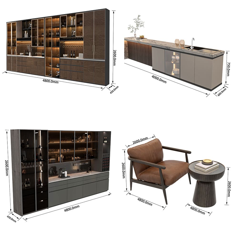 Luxury Hotel Bar Furniture Set – Custom Marble Bar Counter, Illuminated Wine Display Cabinet & Upholstered Bar Stools