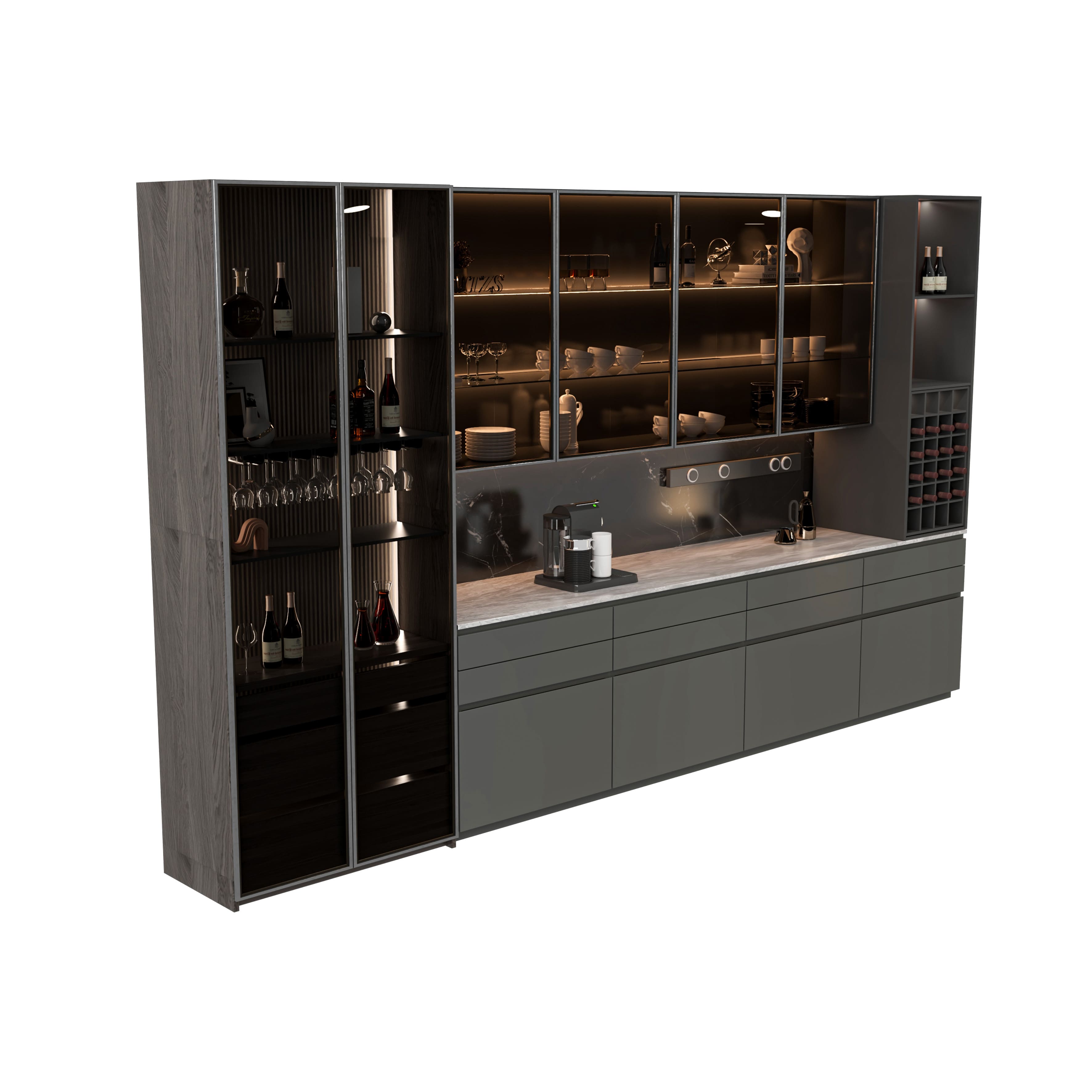 Luxury Hotel Bar Furniture Set – Custom Marble Bar Counter, Illuminated Wine Display Cabinet & Upholstered Bar Stools