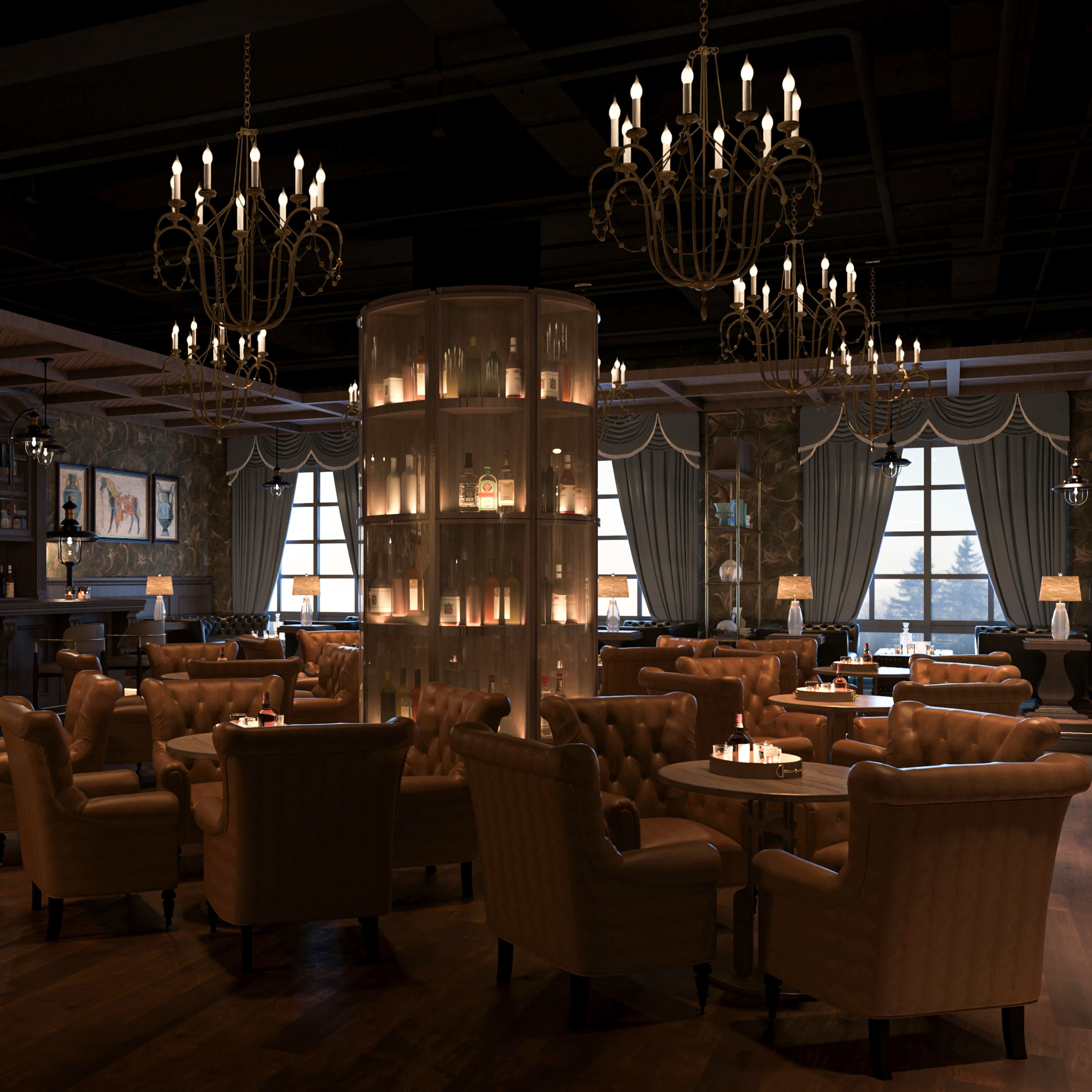 Luxury Hotel Bar Furniture Set – Custom Vintage-Style Bar Counter, Display Cabinet & Lounge Seating for Boutique Hotels