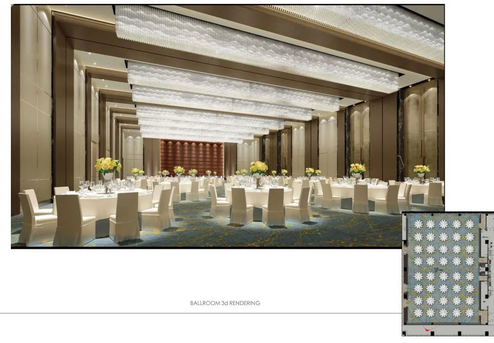 Grand banquet hall with layered chandeliers round tables white chair covers blue carpet for wedding events and large gatherings