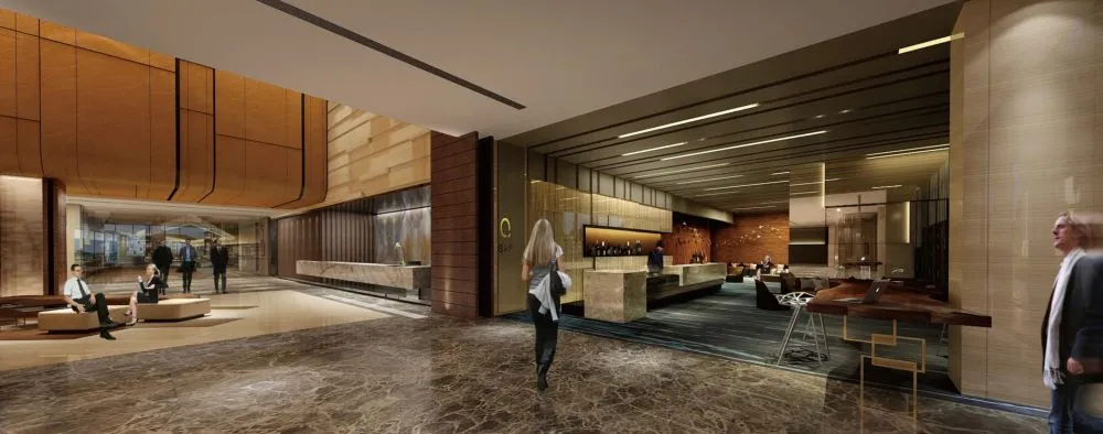 Luxury hotel lobby with gold curved ceiling sculptural lighting marble floor modern seating for premium entrance design