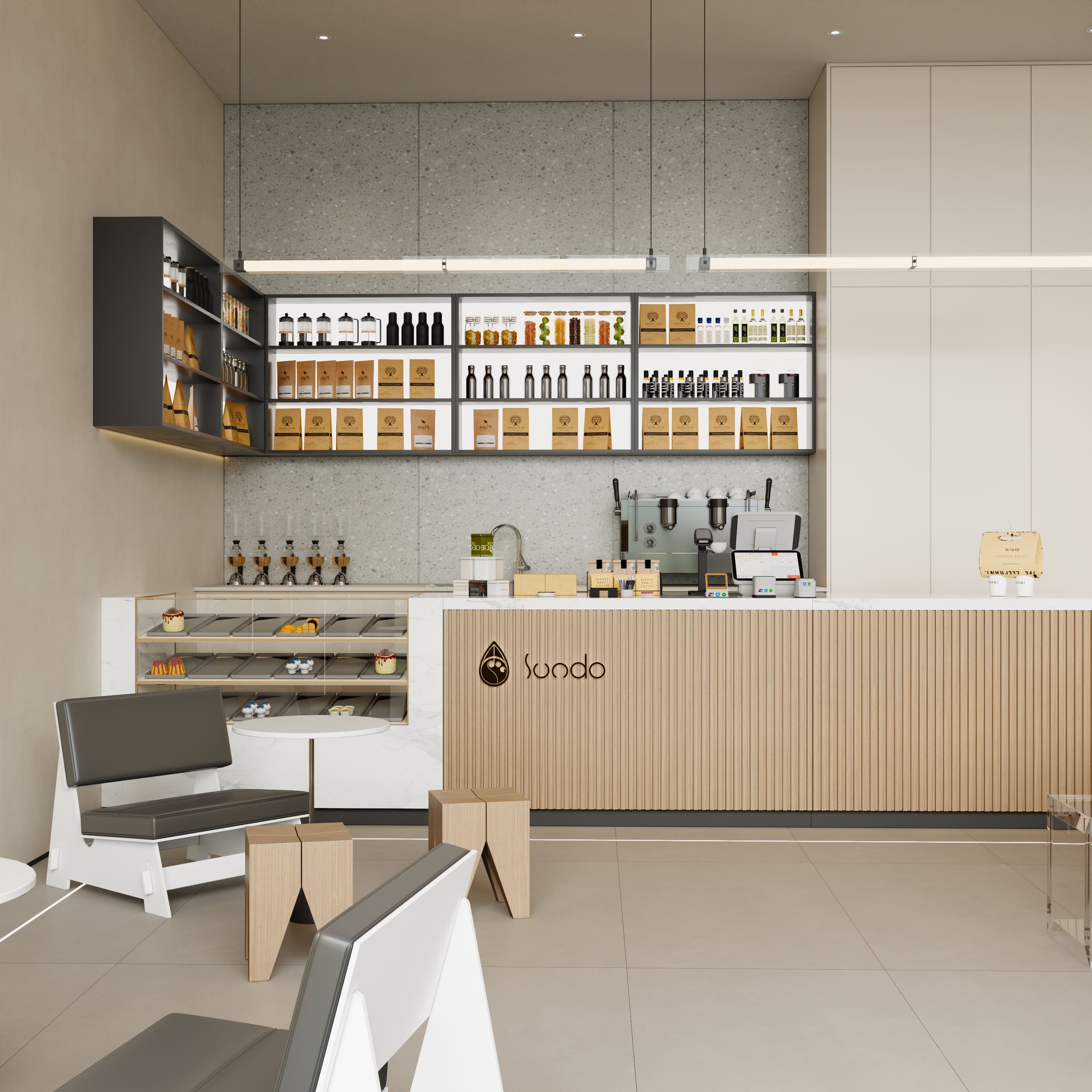 Modern Minimalist Coffee Bar Furniture Set – Custom Designed Bar Counter, Display Shelves & Seating (6) - MINGSUN