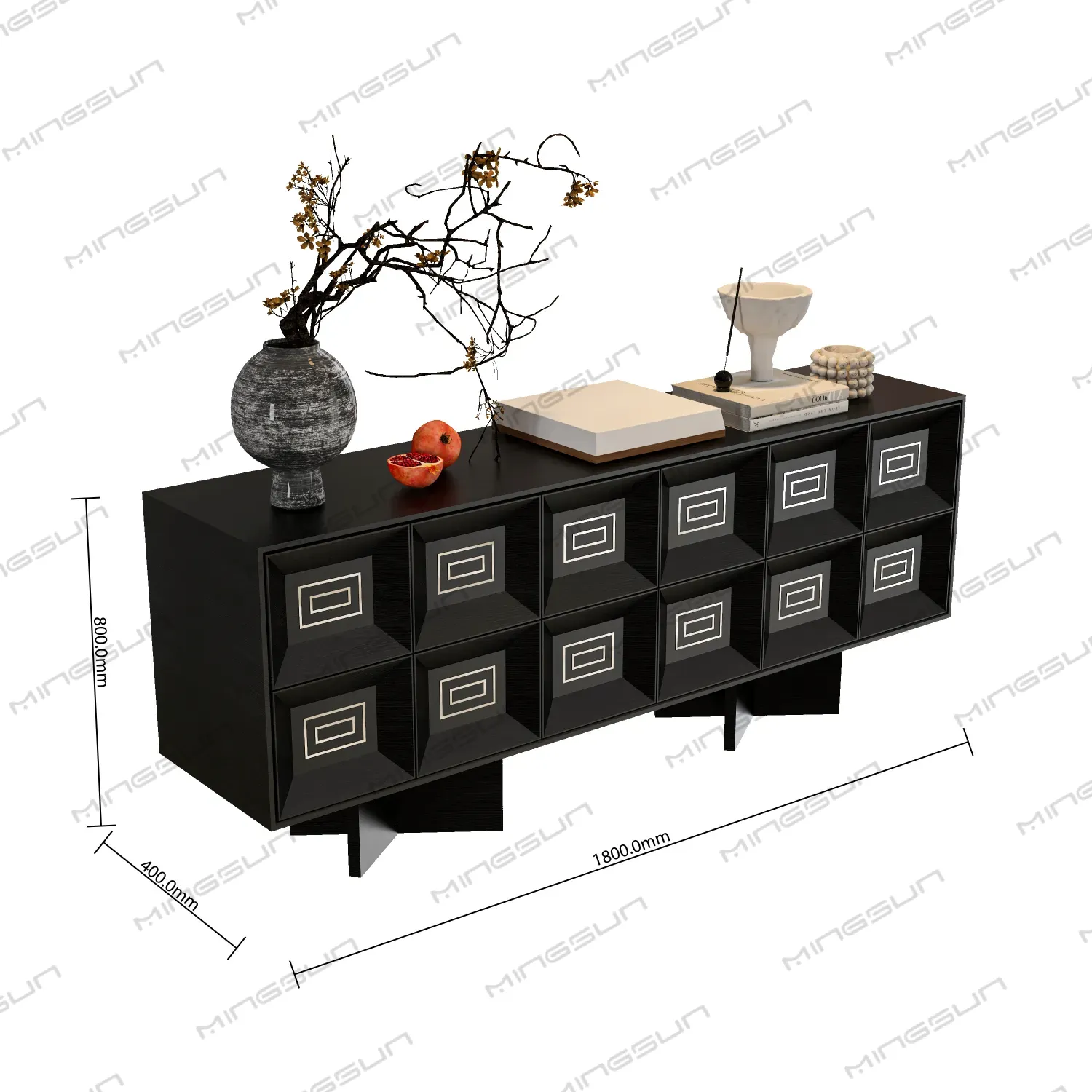 1800mm-luxury-black-geometric-sideboard-with-gold-accent-lines - MINGSUN