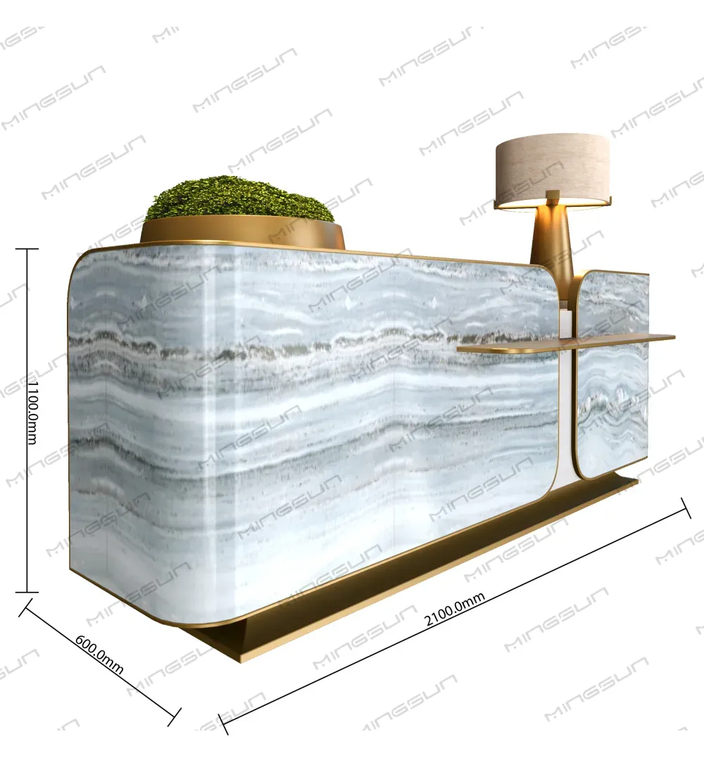 2100mm-long-luxury-reception-desk-with-wave-pattern-marble-and-gold-accent-for-hotels - MINGSUN