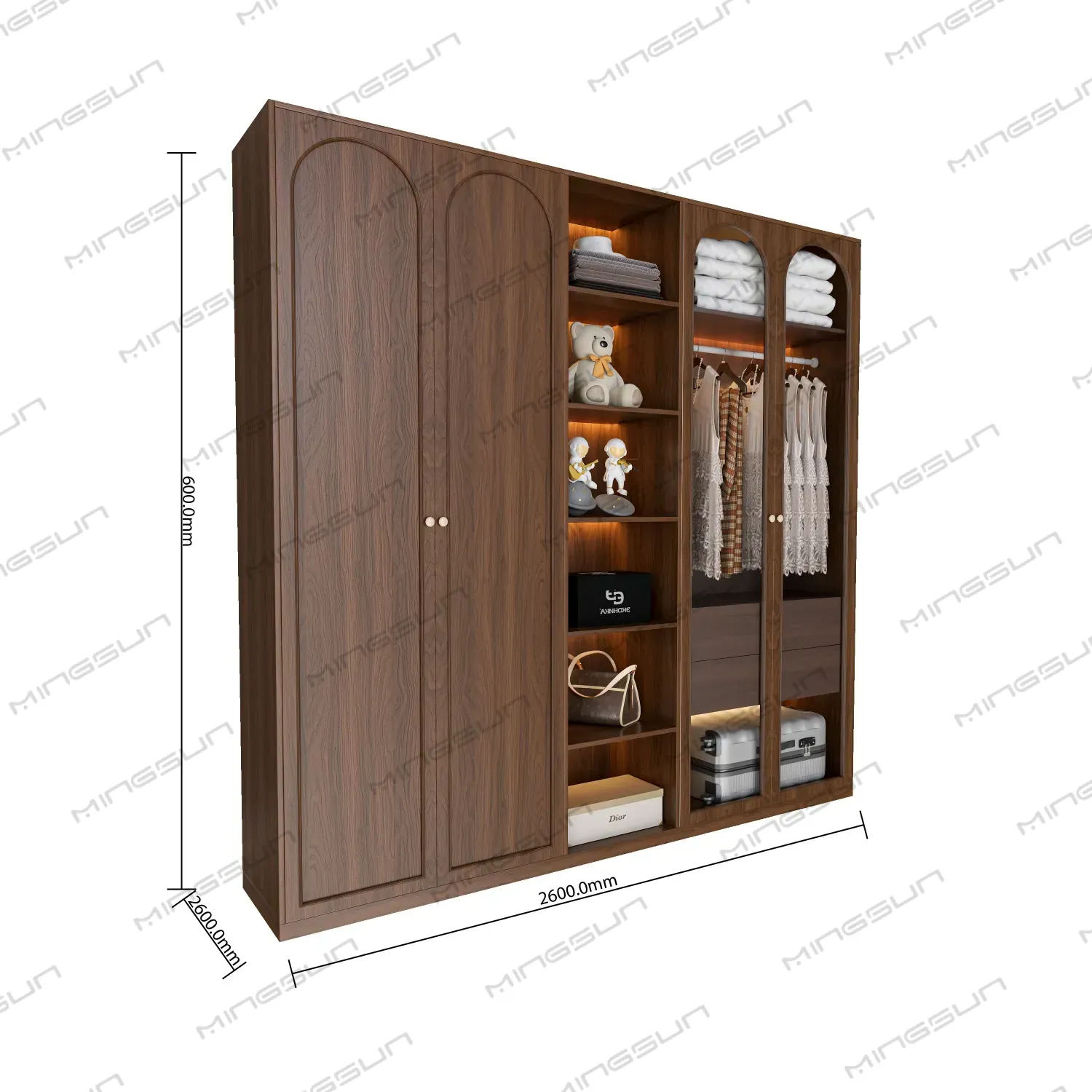 2600mm-wide-luxury-wardrobe-with-arched-doors-and-glass-display-sections - MINGSUN