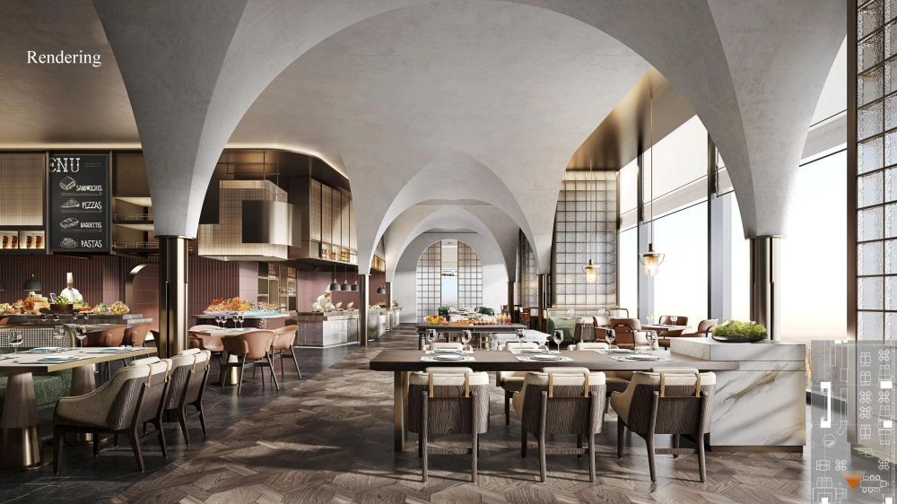 Modern restaurant with arched ceilings marble tables wood flooring for hotel dining and buffet spaces - MINGSUN