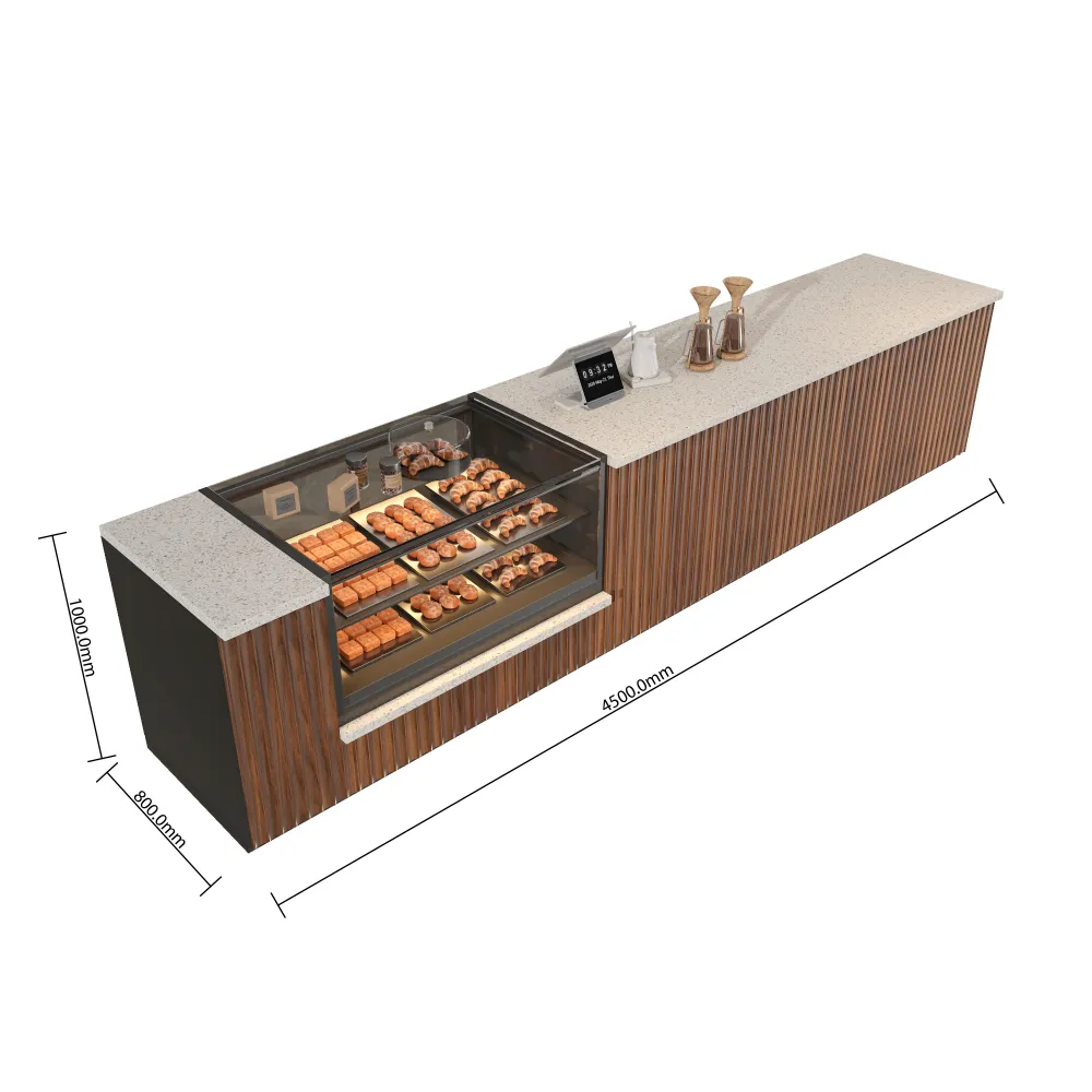 4500mm large scale cafe service counter dimensions with built in pastry display cabinet for hotel breakfast areas - MINGSUN