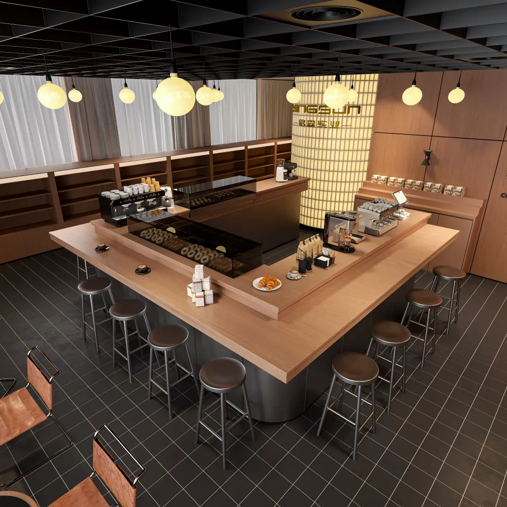 طاولة مقهى خشبية بطول 4500 مم، بسطح رخامي وخزانة عرض مخبوزات مدمجة - مينغسون