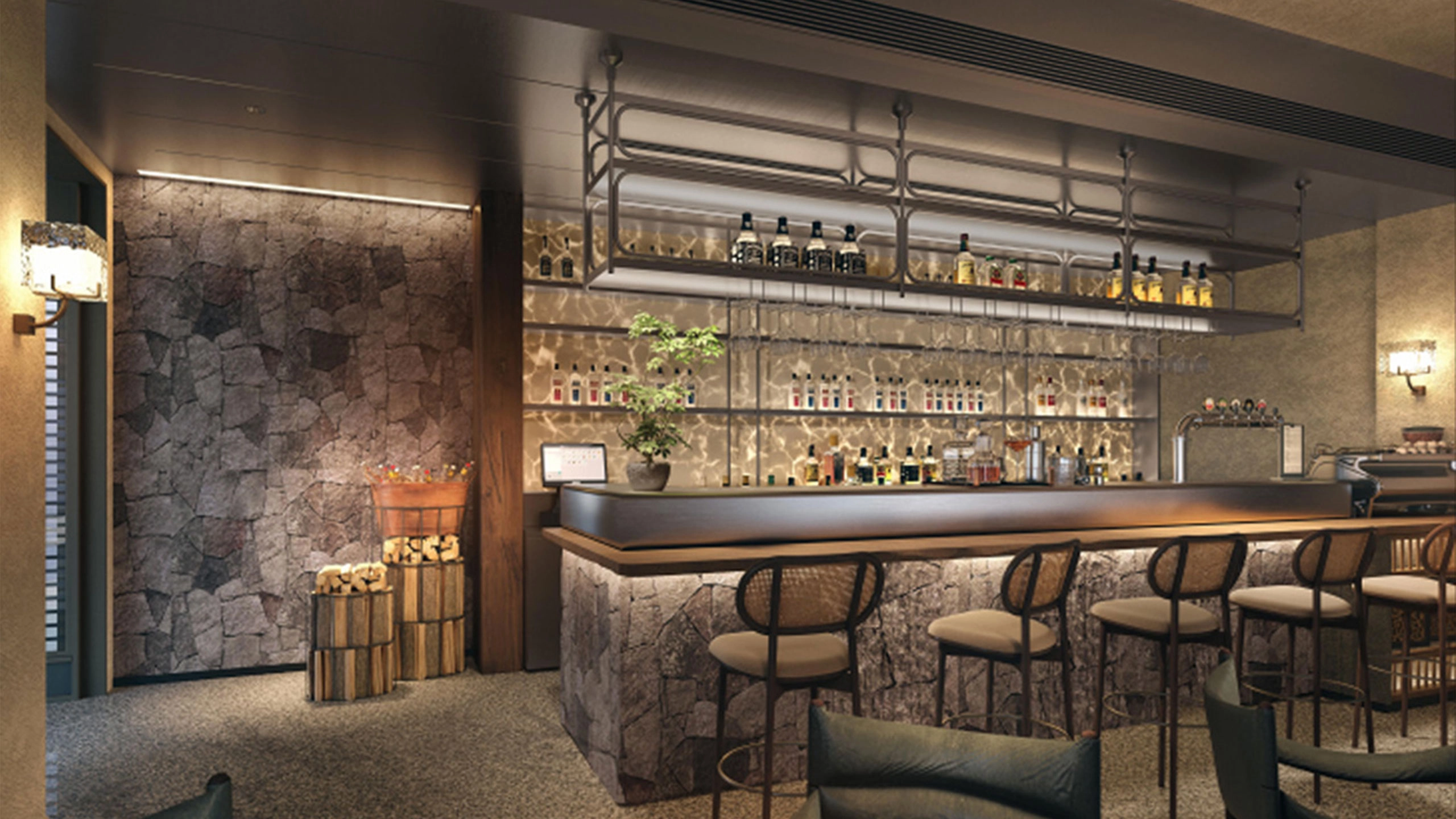 contemporary-hotel-bar-with-stone-wall-industrial-shelving-and-warm-ambient-lighting - MINGSUN contemporary-hotel-bar-with-stone-wall-industrial-shelving-and-warm-ambient-lighting - MINGSUN