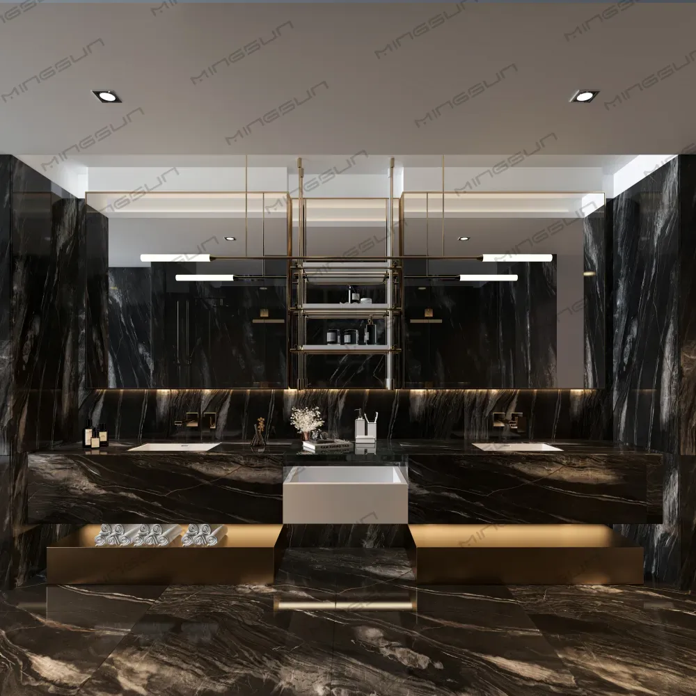 تصميم داخلي لحمام فندق خمس نجوم - مرآة زينة من الرخام الأسود - تجهيزات جناح فاخر - مينغسون تصميم داخلي لحمام فندق خمس نجوم - مرآة زينة من الرخام الأسود - تجهيزات جناح فاخر - مينغسون