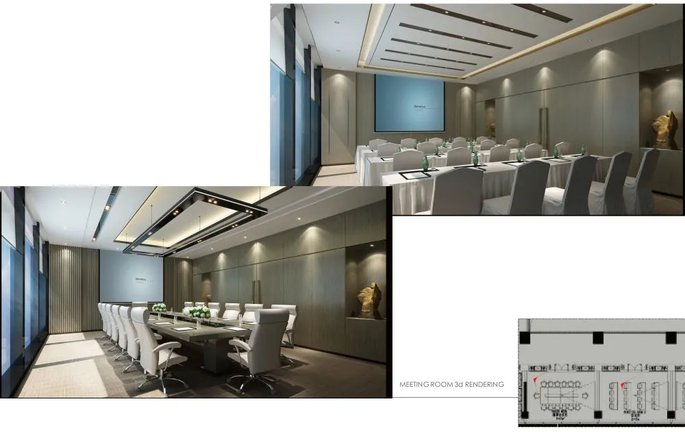 Modern meeting room 3D rendering white chairs long table projector screen wood panel walls for corporate events and conferences