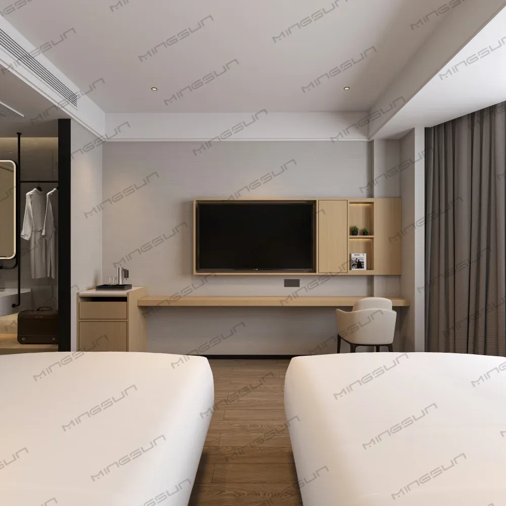 Hotel room interior with two beds, desk, TV, and wardrobe. - MINGSUN