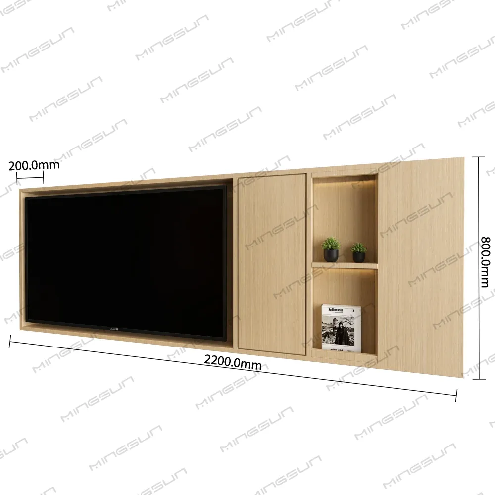 Image of a wall-mounted entertainment unit with dimensions. - MINGSUN Image of a wall-mounted entertainment unit with dimensions. - MINGSUN